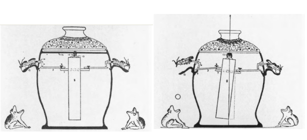 Diagrams of proposed reconstructions of Zhang Heng's seismoscope